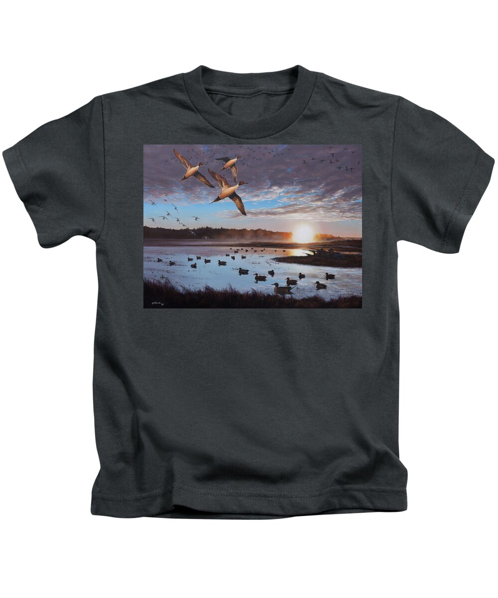Duck Hunting Kids T-Shirt featuring the painting Humphrey Farm Pintails by Glenn Pollard
