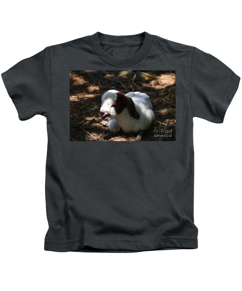 Baby Goat Kids T-Shirt featuring the digital art I won't get up by Yenni Harrison
