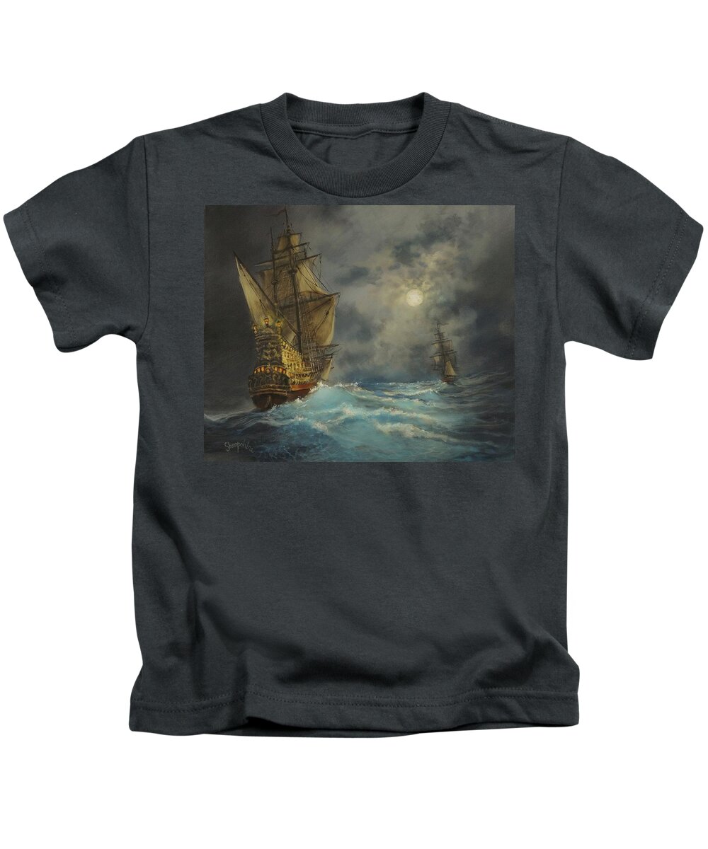 Pirate Ship Kids T-Shirt featuring the painting In Pursuit by Tom Shropshire