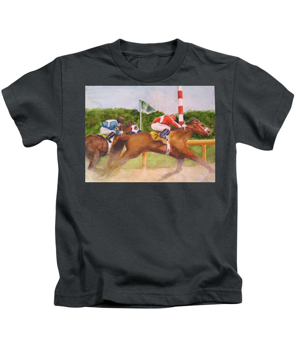 Horse Races Kids T-Shirt featuring the painting In The Turn by Bobby Walters