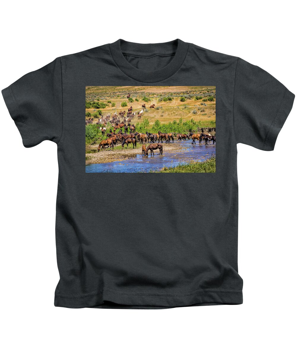Little Bighorn Re-enactment Kids T-Shirt featuring the photograph Indian Horse Roundup 4 by Donald Pash