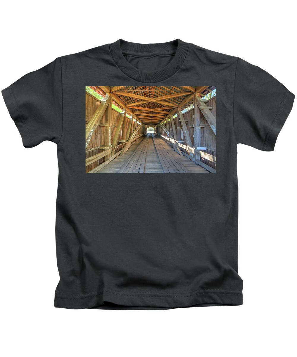 Covered Bridge Kids T-Shirt featuring the photograph Interior view - Conley's Ford Covered Bridgee by Harold Rau