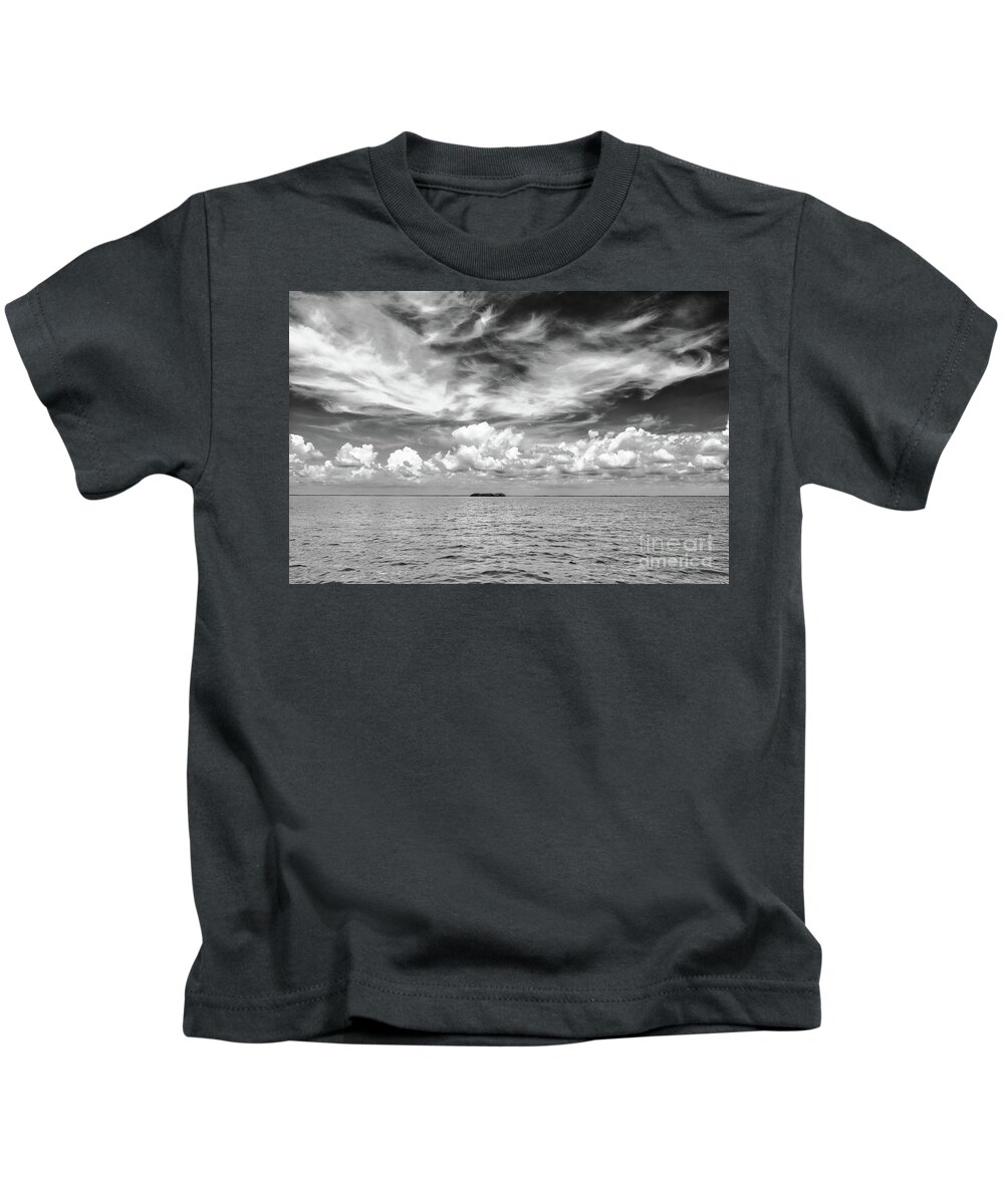 9/1/13 2013 Fl Bay Boating Water Sea Sky Clouds Dramatic Bw Black And White Seascape Landscape Wall Art Serene Florida Keys Key Largo Island Kids T-Shirt featuring the photograph Island, Clouds, Sky, Water by Louise Lindsay