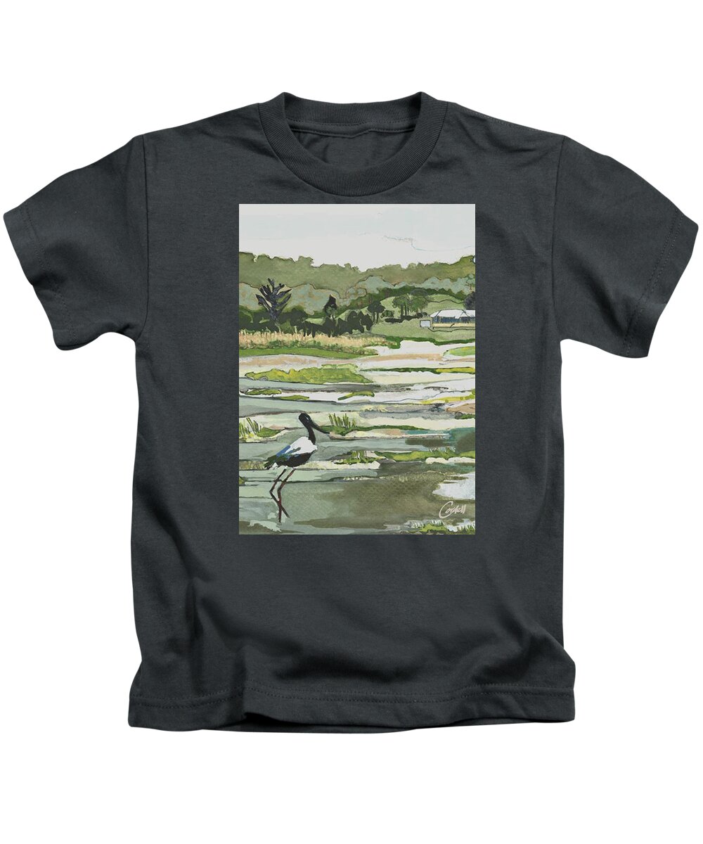 Noosa & Nearby Kids T-Shirt featuring the painting Jabiru - Noosa Hinterland by Joan Cordell