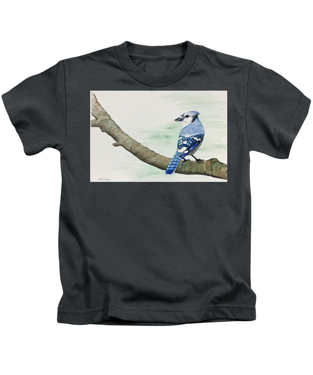 Blue Jay Kids T-Shirt featuring the painting Jay in the Pine by Sonja Jones