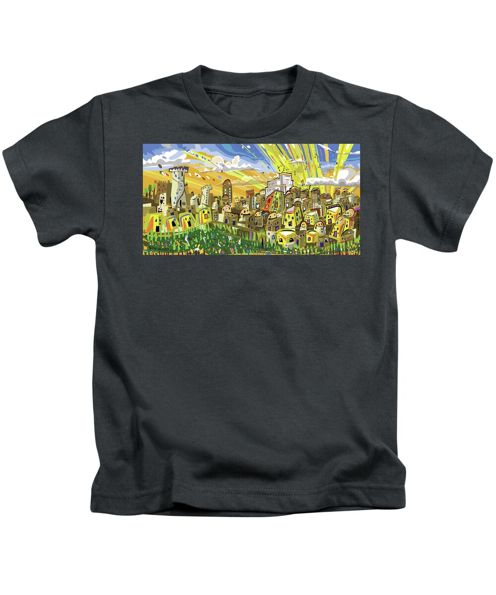 Jerusalem Kids T-Shirt featuring the painting Jerusalem Israel by Yom Tov Blumenthal