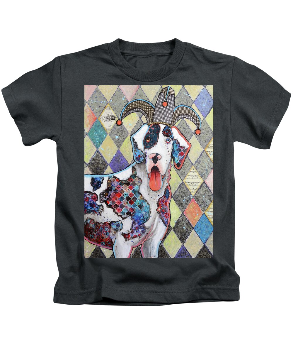 Harlequin Great Dane Kids T-Shirt featuring the painting Jest, I Surely Do by Ande Hall