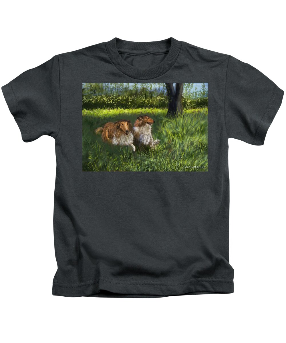 Dogs Kids T-Shirt featuring the digital art Jim And Ramona's Collies by Larry Whitler