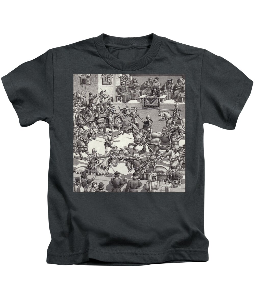 Jousting In Florence In The 15th Century Kids T-Shirt featuring the painting Jousting in Florence in the 15th Century by Pat Nicolle