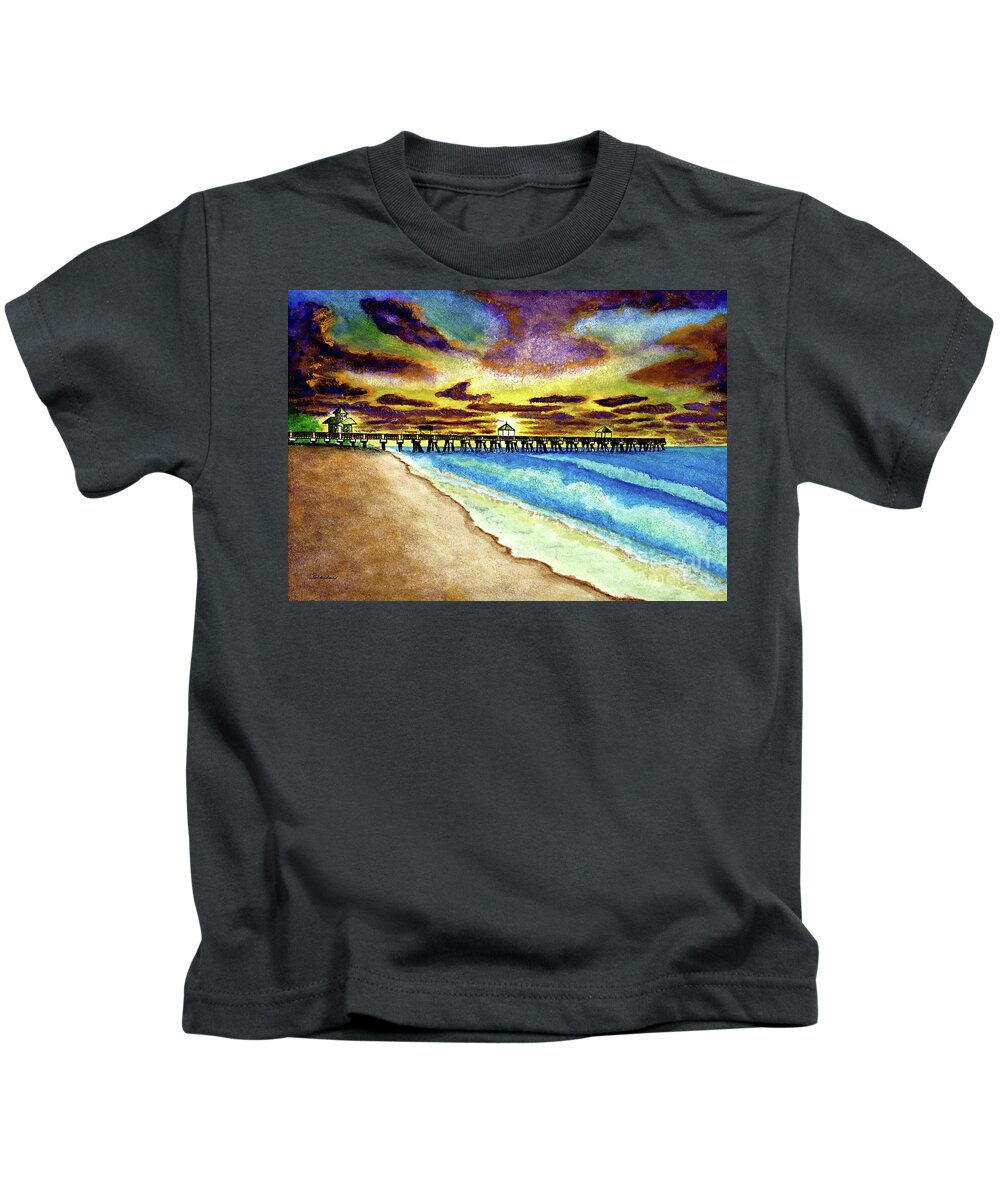 Aqua Kids T-Shirt featuring the painting Juno Beach Pier Florida Seascape Sunrise Painting A1 by Ricardos Creations