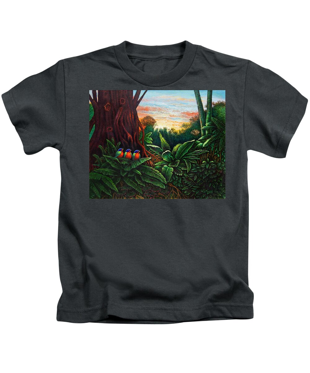 Birds Kids T-Shirt featuring the painting Jungle Harmony 3 by Michael Frank