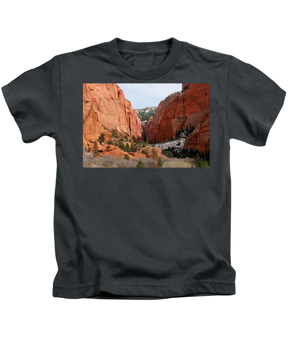 Kolob Canyon Kids T-Shirt featuring the photograph Kolob Canyon Dusted with Snow by Christy Pooschke