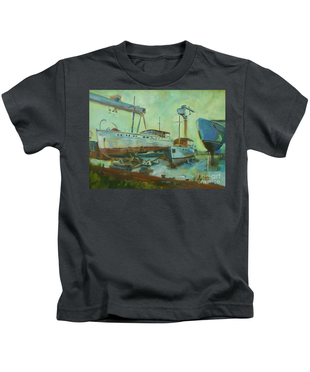 Boats Kids T-Shirt featuring the painting La Ciotat Shipyard by Marc Poirier