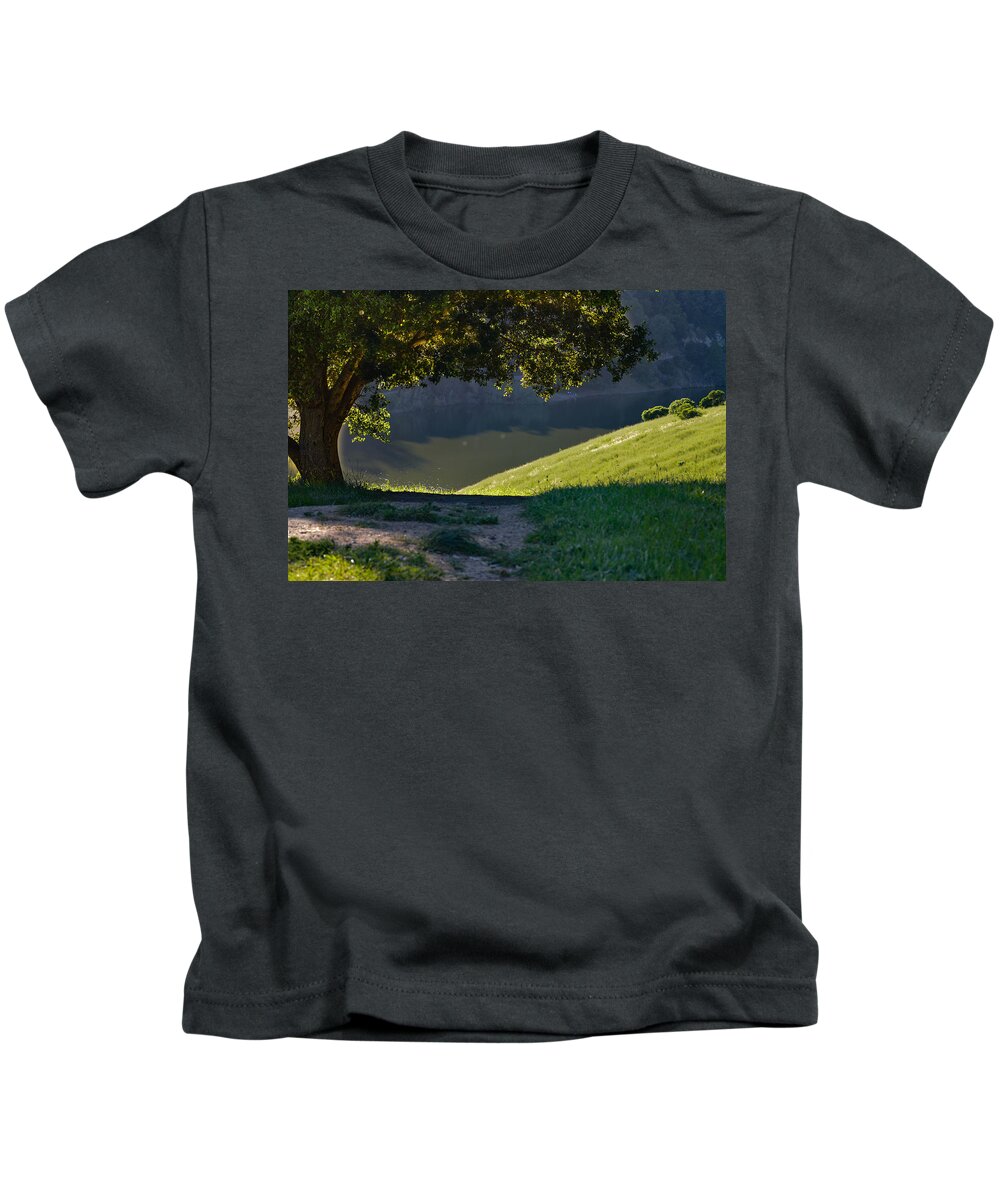 Lake Chabot Kids T-Shirt featuring the photograph Lake Chabot from the Hills by Miranda Strapason