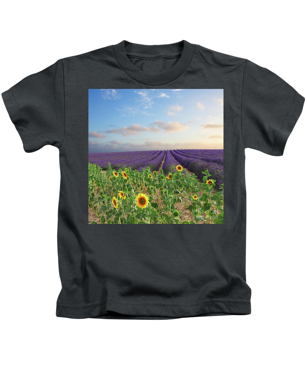 Lavender Kids T-Shirt featuring the photograph Lavender and Sunflower Flowers Field by Anastasy Yarmolovich