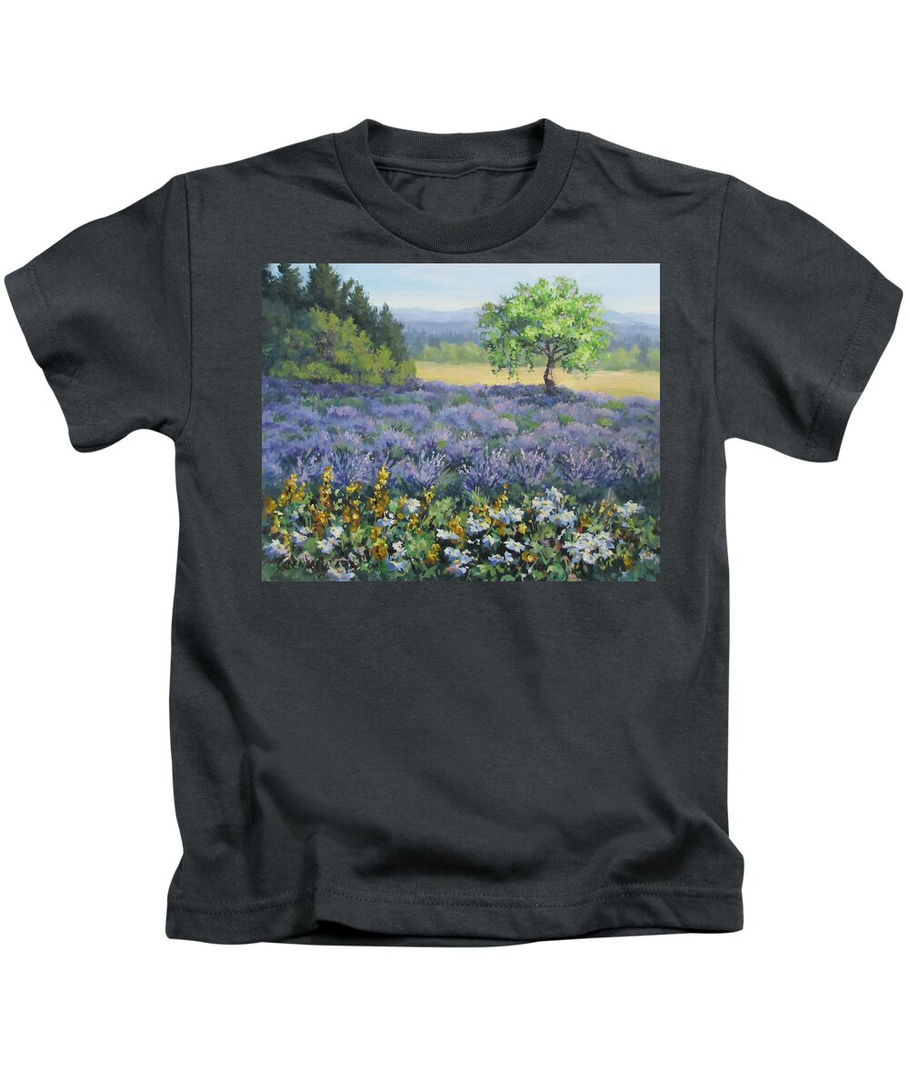 Landscape Painting Kids T-Shirt featuring the painting Lavender and Wildflowers by Karen Ilari