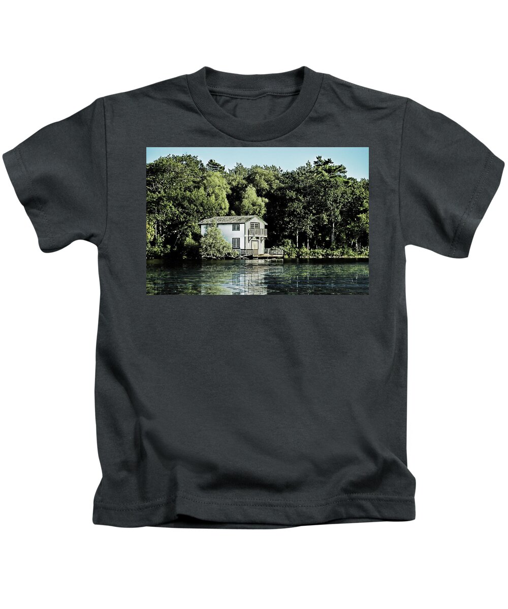 Orillia Kids T-Shirt featuring the digital art Leacock Boathouse by JGracey Stinson