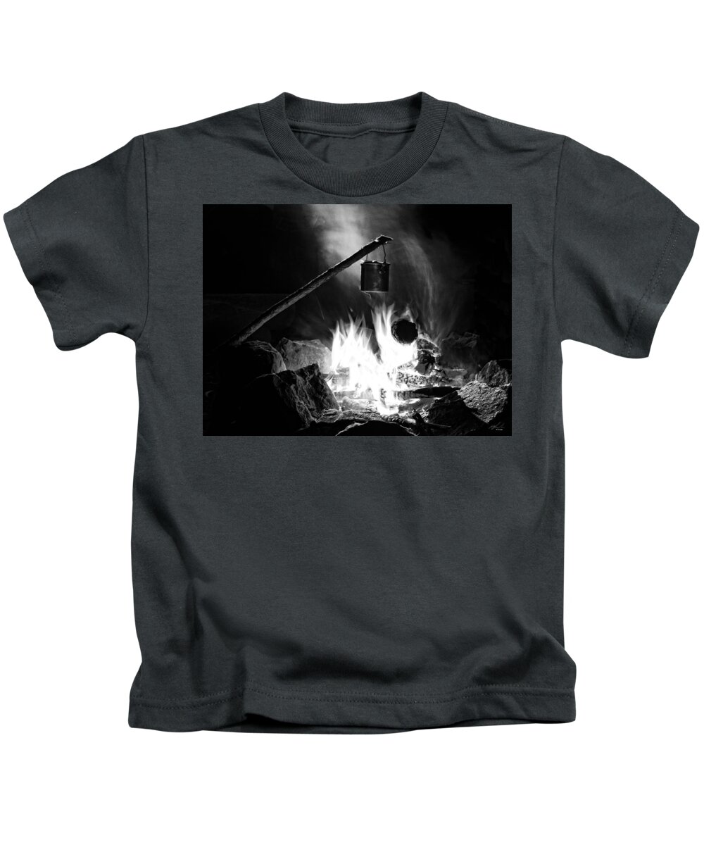 Camping Kids T-Shirt featuring the photograph leaning billy can fire BnW by Michael Blaine