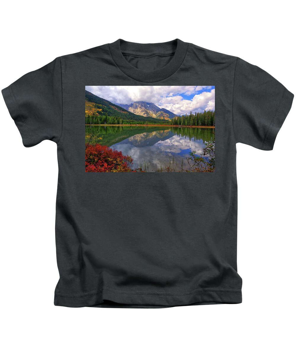 Leigh Lake Kids T-Shirt featuring the photograph Leigh Lake Morning Reflections by Greg Norrell