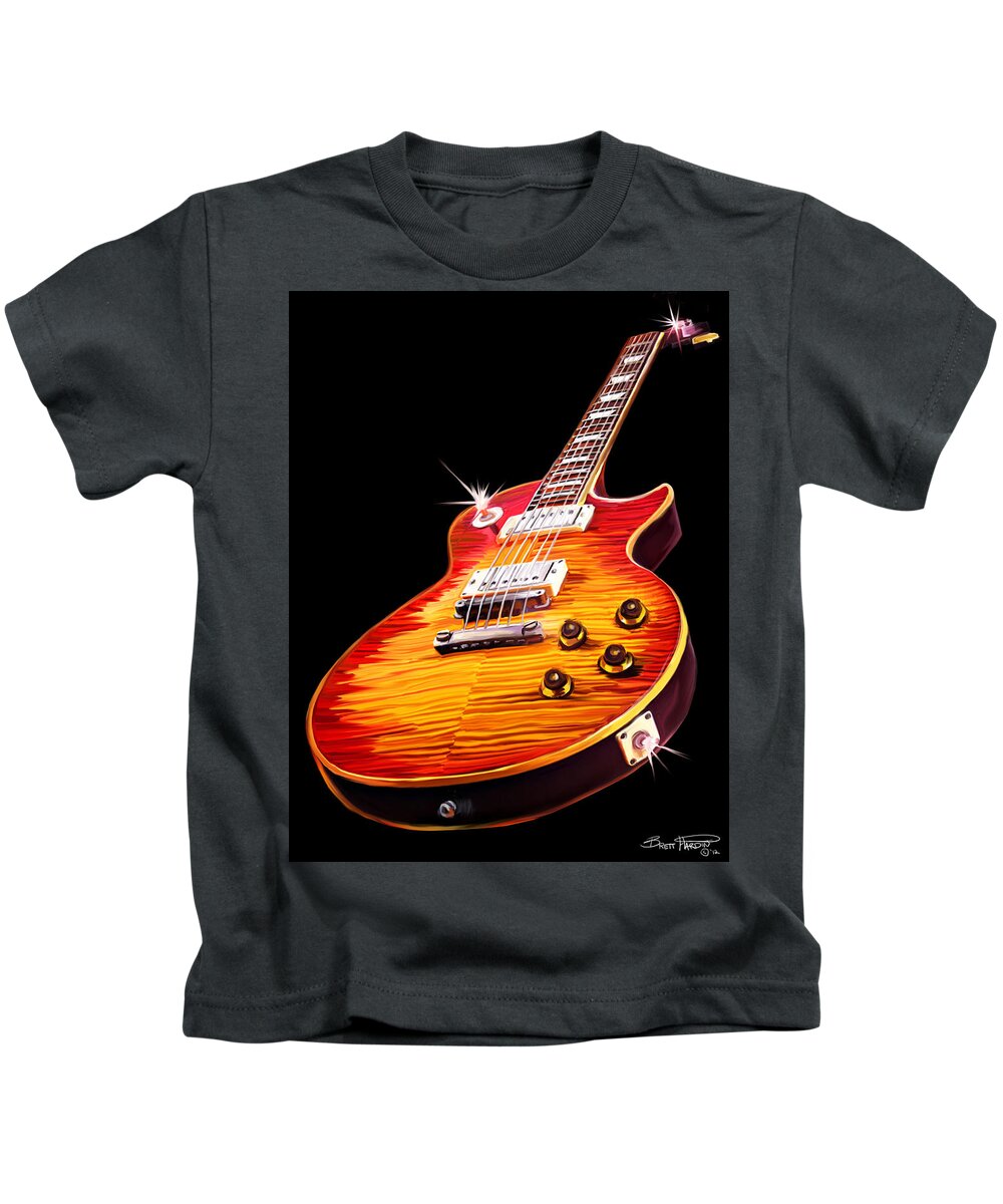 Les Paul Guitar Red Orange Kids T-Shirt featuring the painting Les Paul Guitar by Brett Hardin