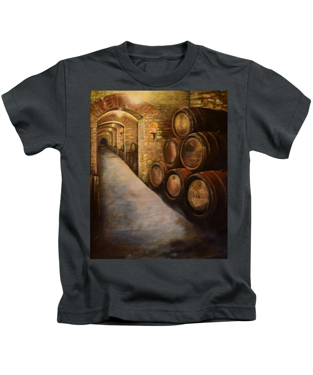 Winery Kids T-Shirt featuring the painting Lights in the Wine Cellar - Chateau Meichtry Vineyard by Jan Dappen