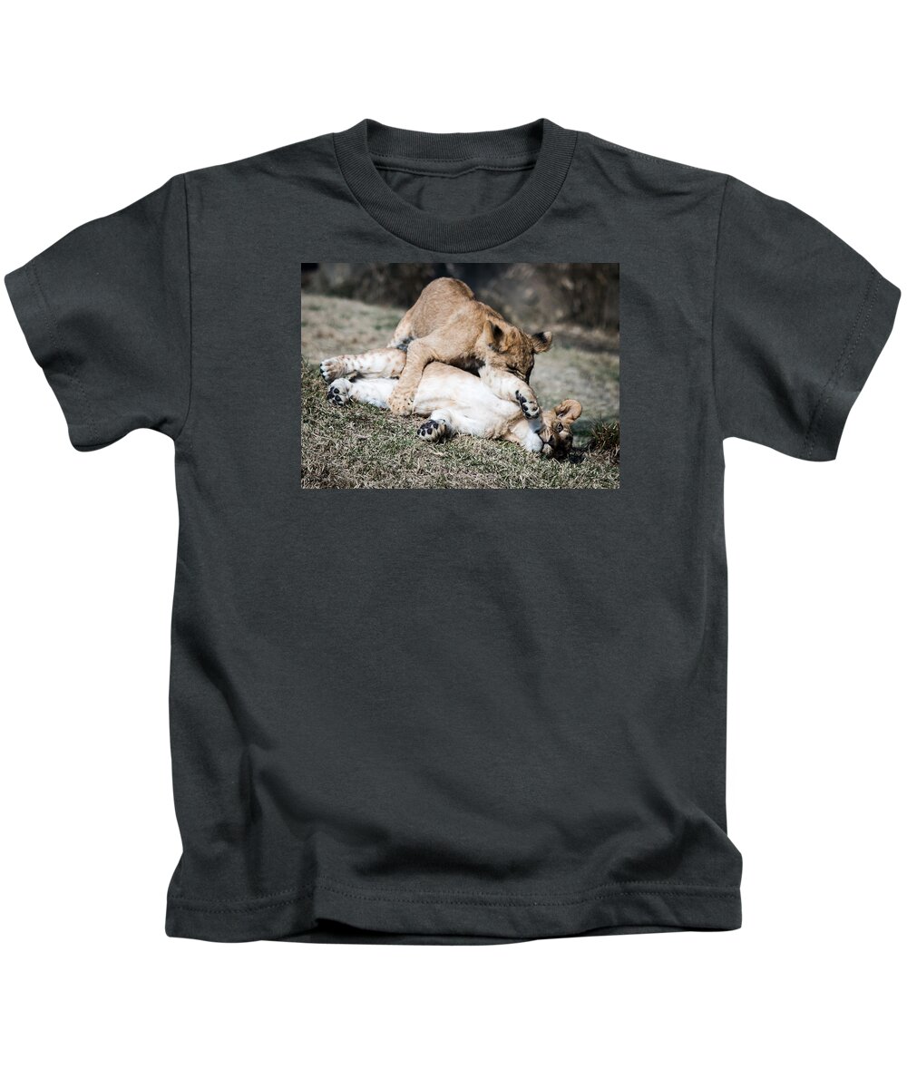 Lion Kids T-Shirt featuring the photograph Lion Cubs at Play by Cathy Donohoue