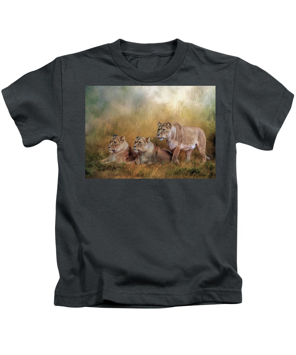 Lionesses Kids T-Shirt featuring the digital art Lionesses watching the herd by Brian Tarr