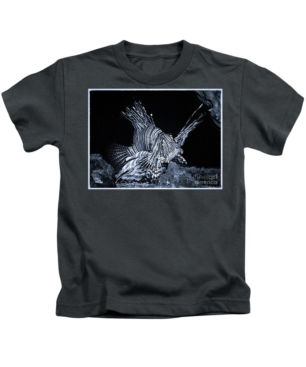 Mona Stut Kids T-Shirt featuring the photograph Lionfish Pterois Rotfeuerfisch Bw by Mona Stut