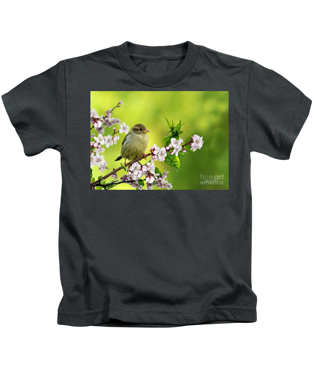 Sparrow Kids T-Shirt featuring the pyrography Little Sparrow by Morag Bates