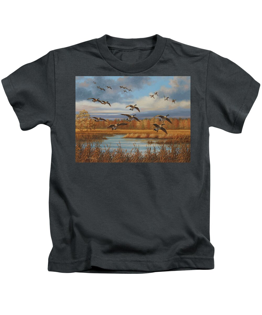 Canada Geese Kids T-Shirt featuring the painting Locked Up by Guy Crittenden