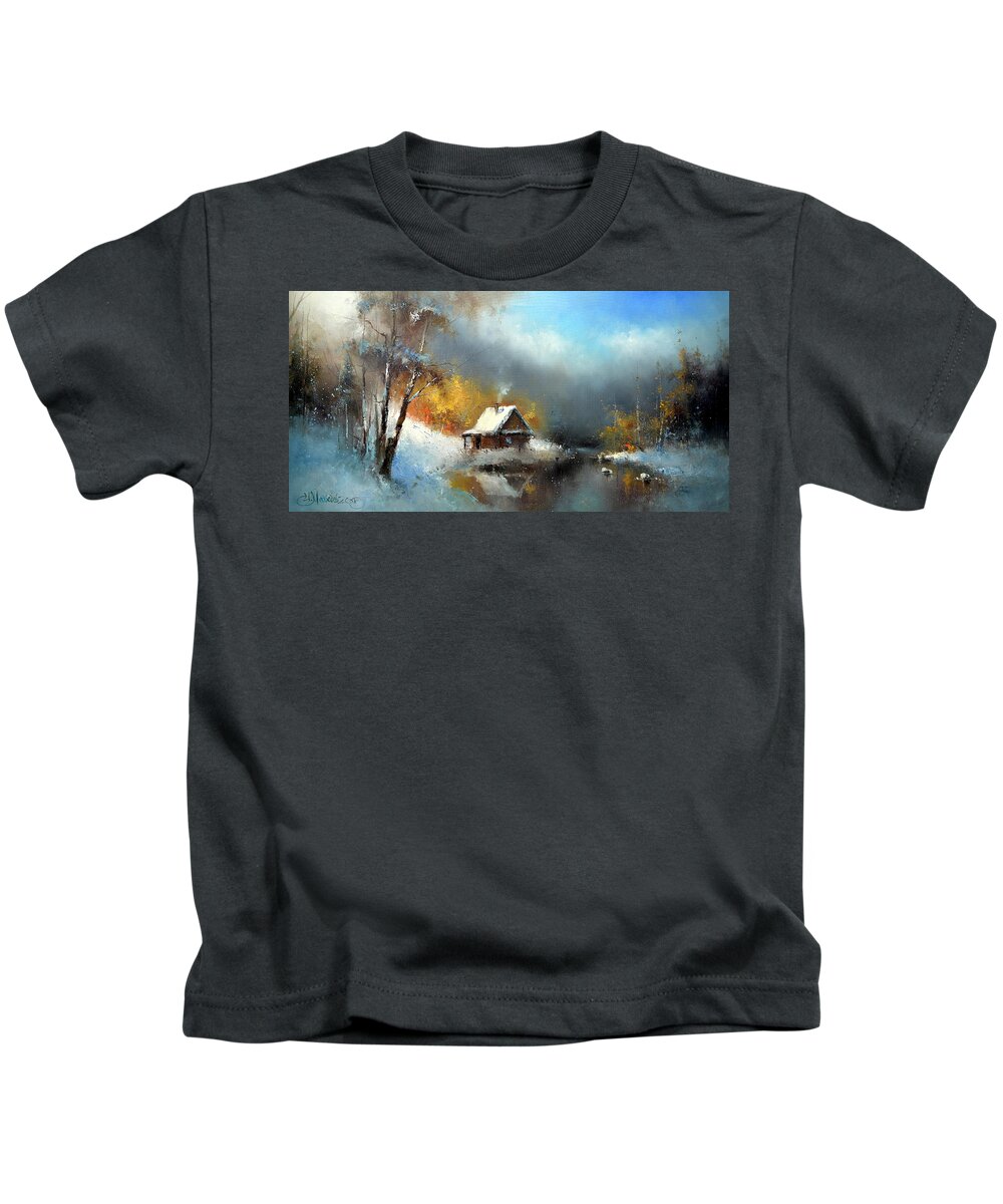 Russian Artists New Wave Kids T-Shirt featuring the painting Lodge in the Winter Forest by Igor Medvedev