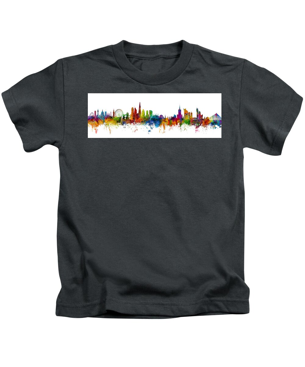 London Kids T-Shirt featuring the digital art London and Warsaw Skylines Mashup by Michael Tompsett