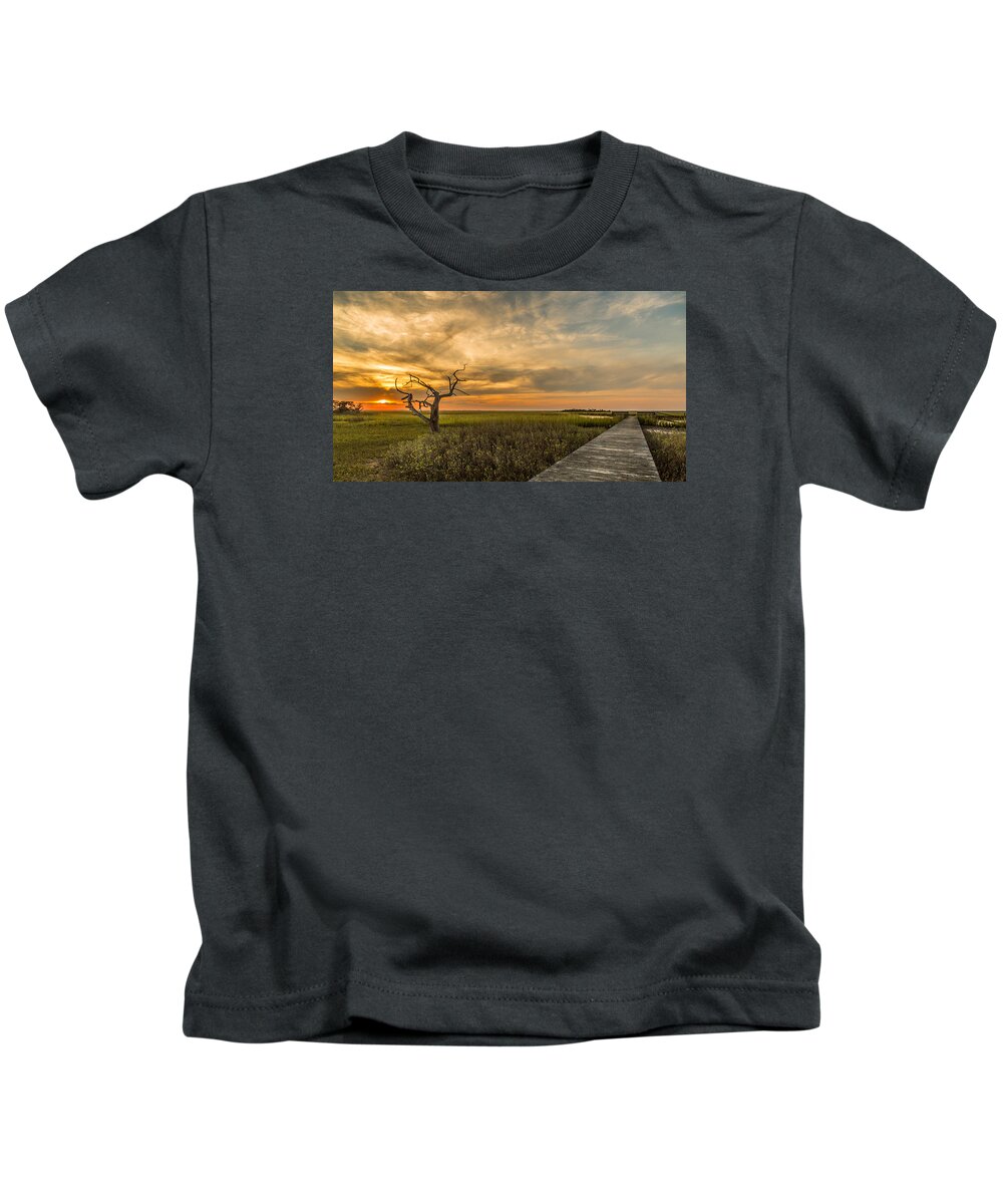 Dewees Island Kids T-Shirt featuring the photograph Lone Cedar Dock Sunset - Dewees Island by Donnie Whitaker