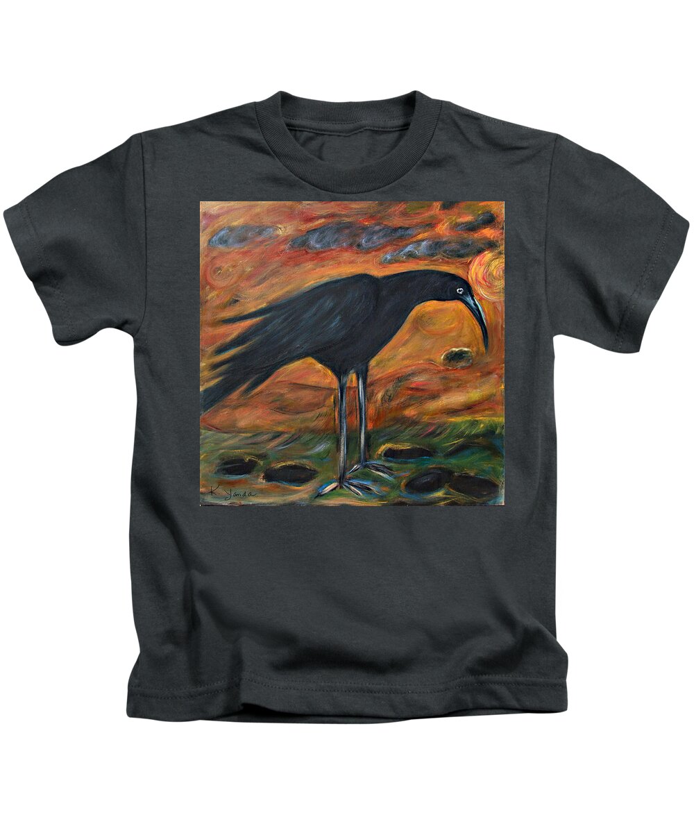 Katt Yanda Original Art Oil Painting Long Legged Crow Kids T-Shirt featuring the painting Long Legged Crow by Katt Yanda
