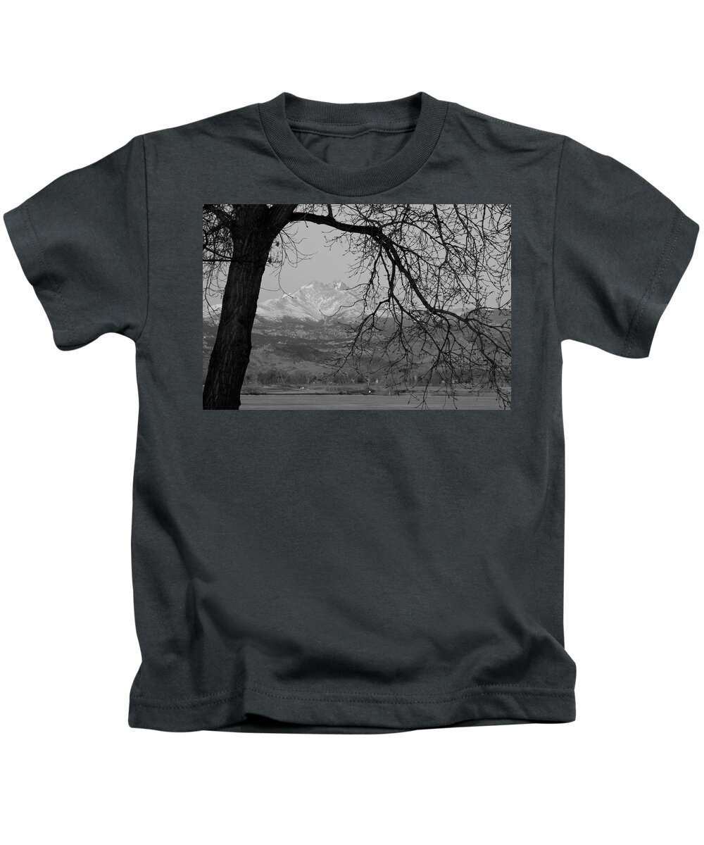Longs Peak Kids T-Shirt featuring the photograph Longs Peak and Mt. Meeker the Twin Peaks Black and White Photo I by James BO Insogna