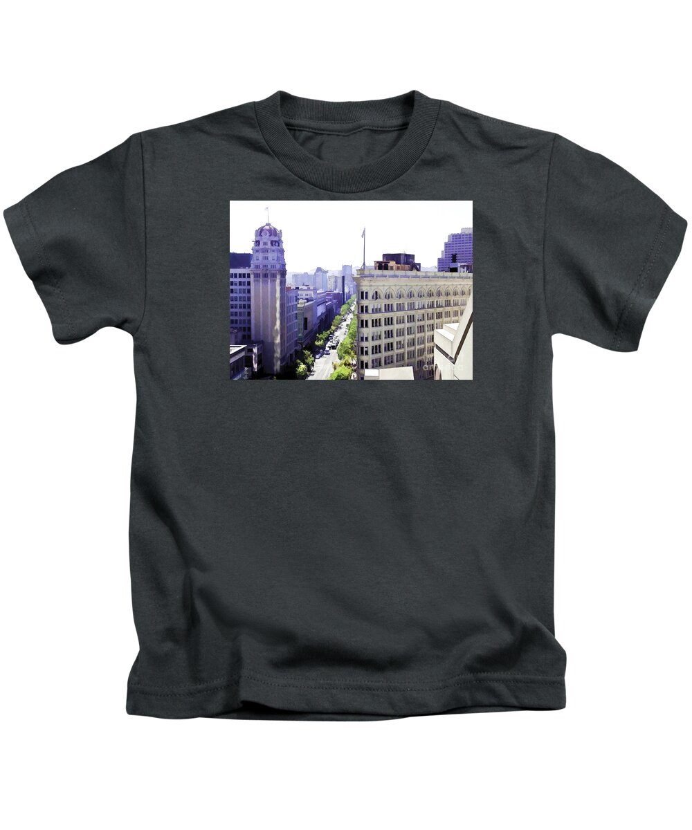 Market Street Kids T-Shirt featuring the photograph Looking Down Market by Joyce Creswell