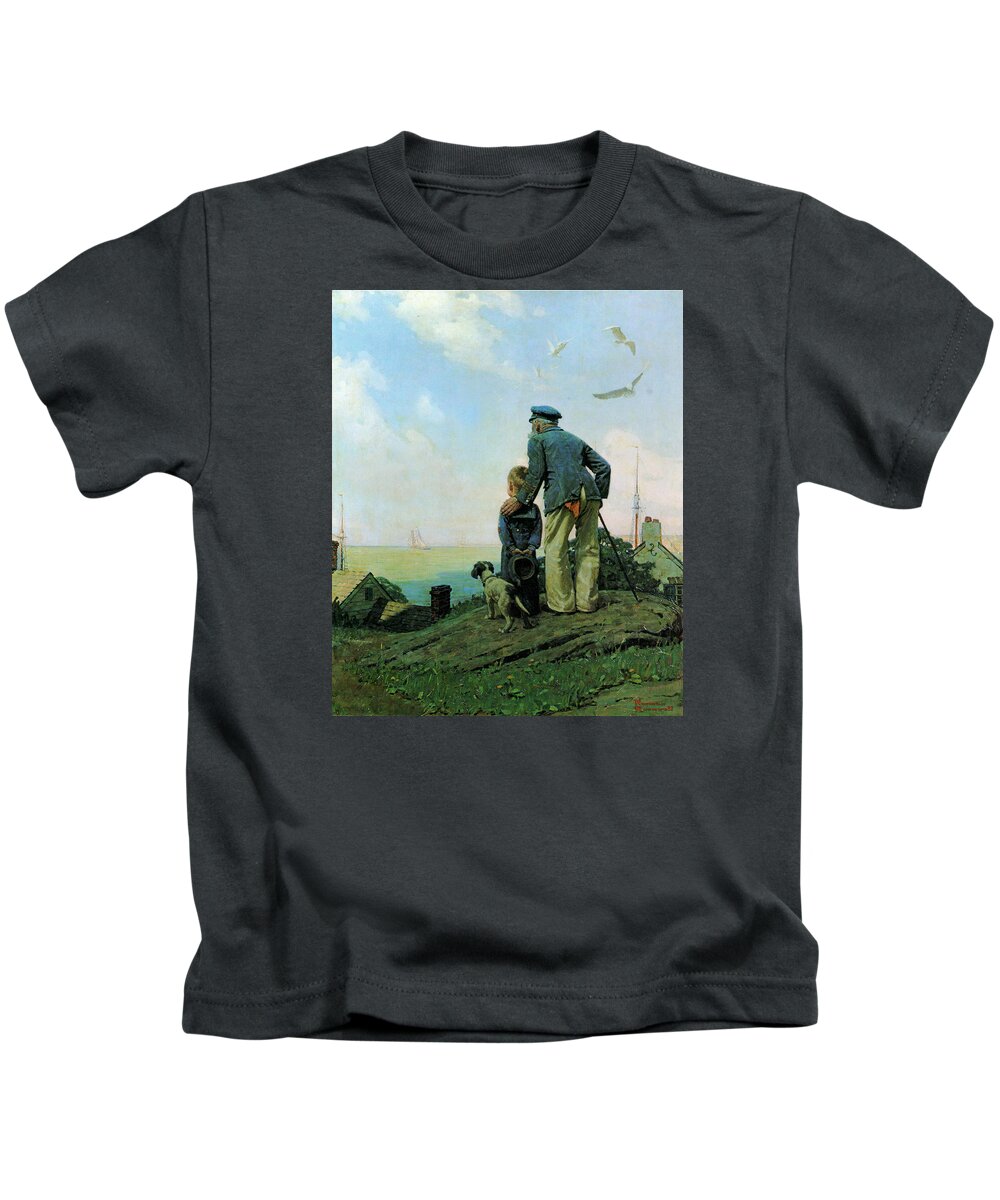 Norman Rockwell Kids T-Shirt featuring the painting Looking Out To Sea by Norman Rockwell