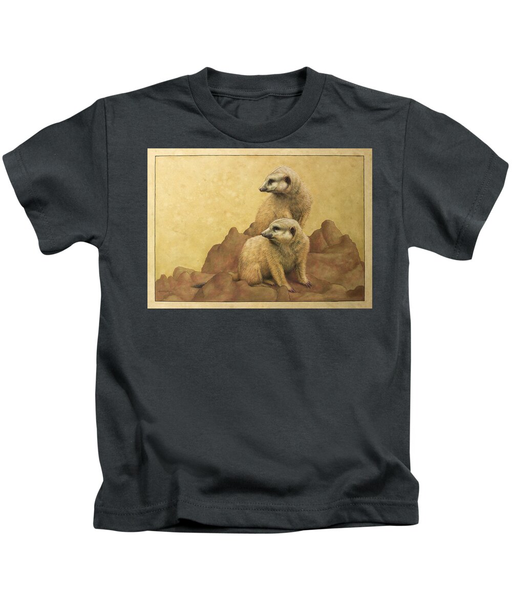 Meerkats Kids T-Shirt featuring the painting Lookouts by James W Johnson