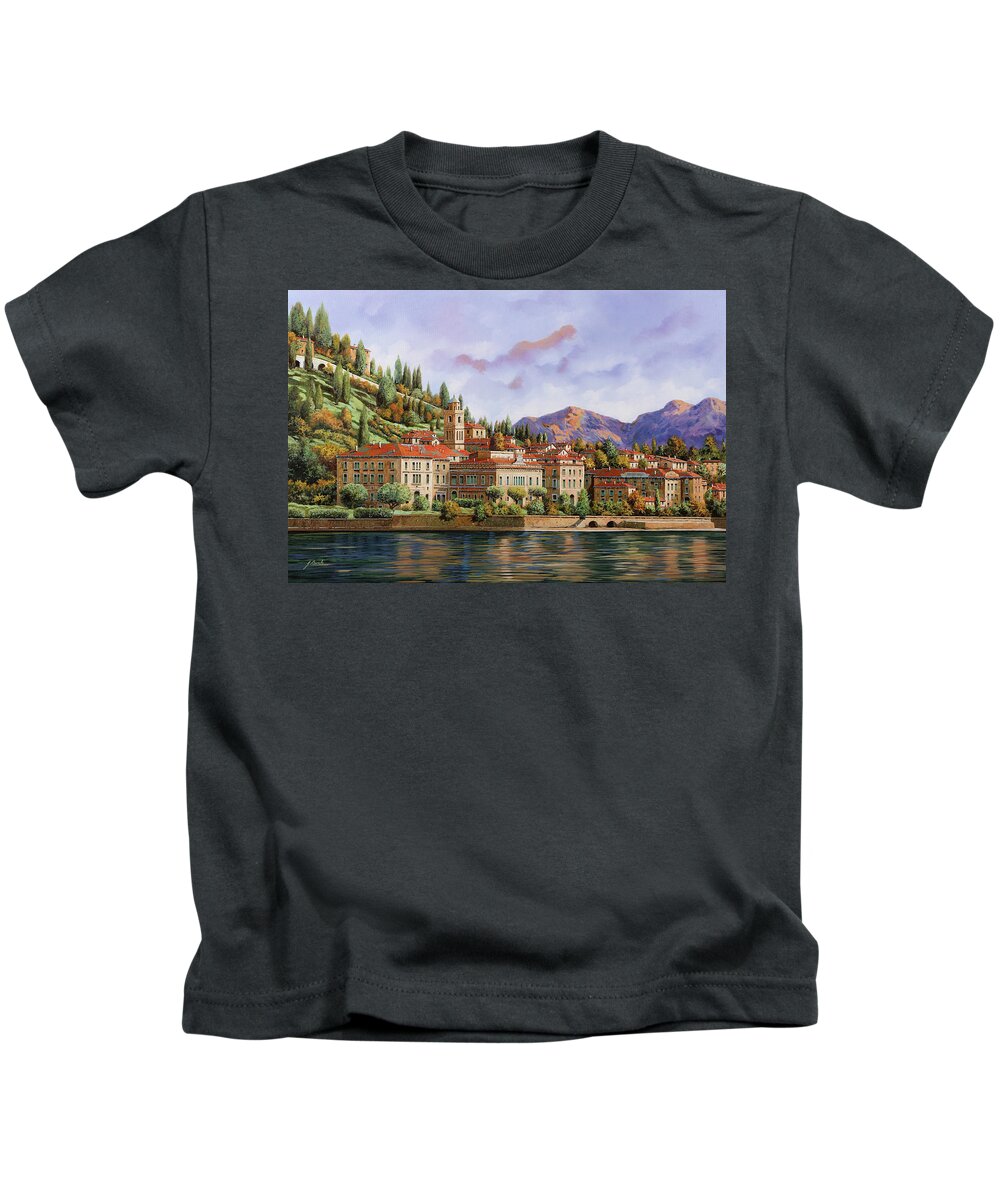 Bellagio Kids T-Shirt featuring the painting lungolago di Bellagio by Guido Borelli