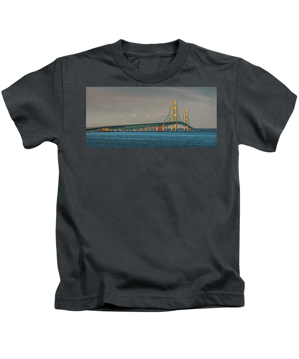 Mackinaw Kids T-Shirt featuring the photograph .Mackinac Bridge by Paul Freidlund
