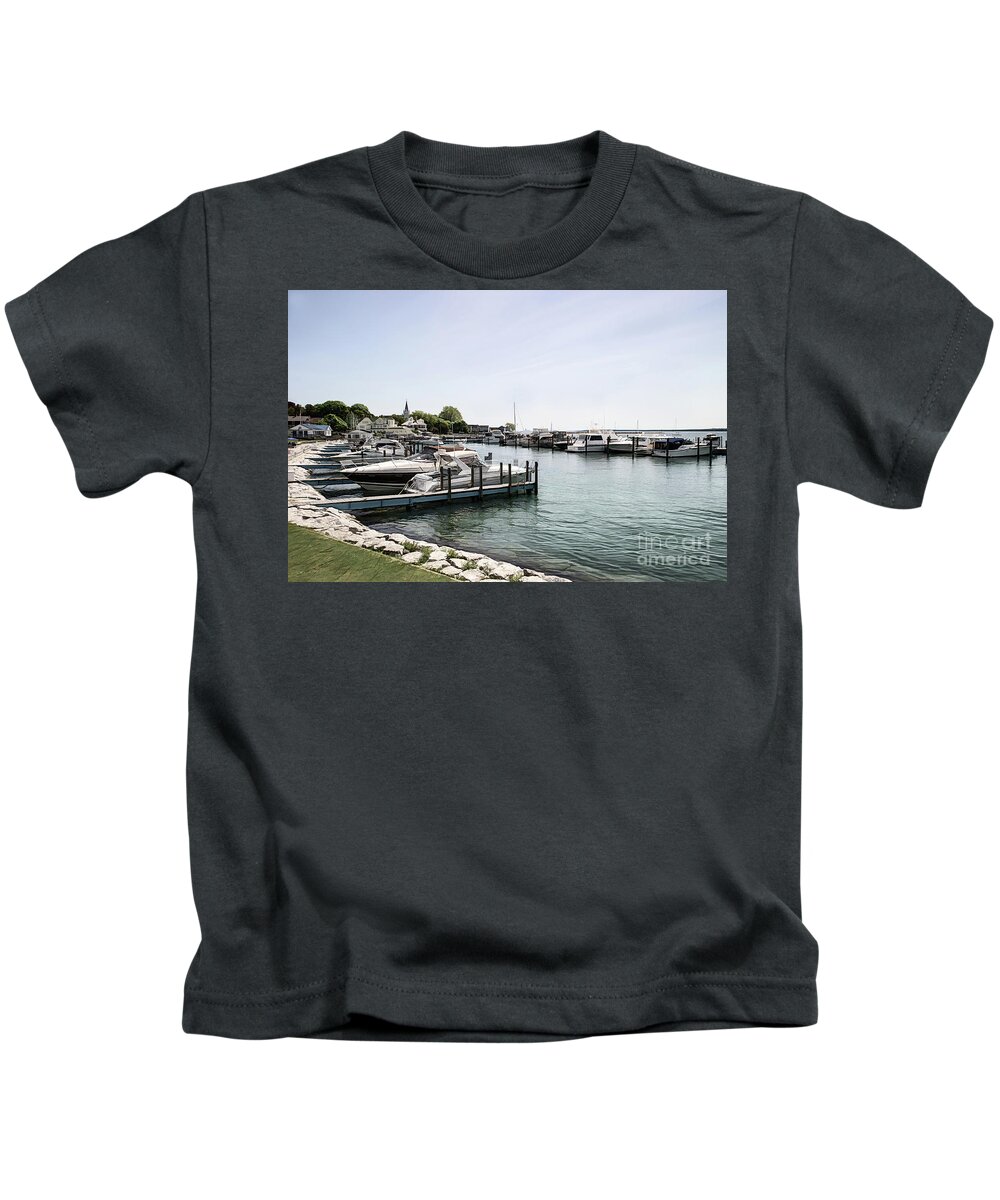 Port Kids T-Shirt featuring the digital art Mackinac Marina Art by Ed Taylor