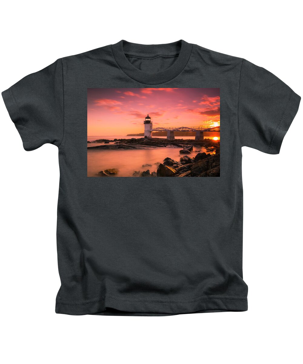 Maine Kids T-Shirt featuring the photograph Maine Lighthouse Marshall Point at Sunset by Ranjay Mitra