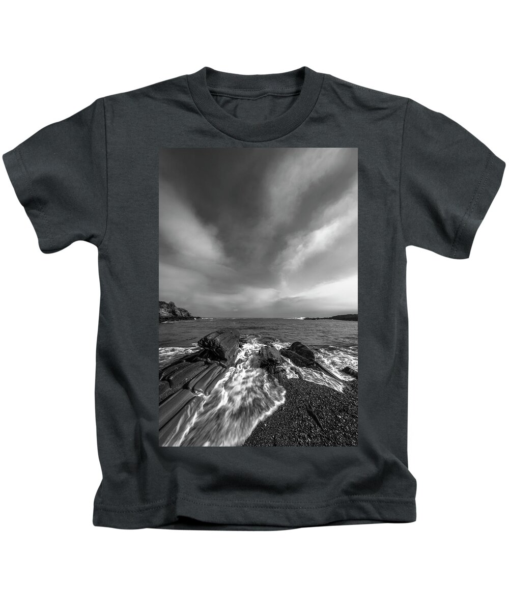 Maine Kids T-Shirt featuring the photograph Maine Storm Clouds and Crashing Waves on Rocky Coast by Ranjay Mitra