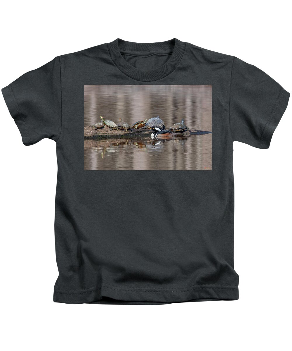 Nature Kids T-Shirt featuring the photograph Male Hooded Merganser and Basking Red-eared Sliders DWF0163 by Gerry Gantt