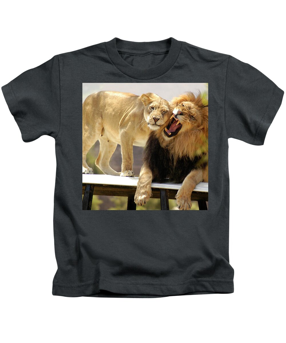 Lion Kids T-Shirt featuring the photograph Male Lion and his Lioness on their throne by Gunther Allen