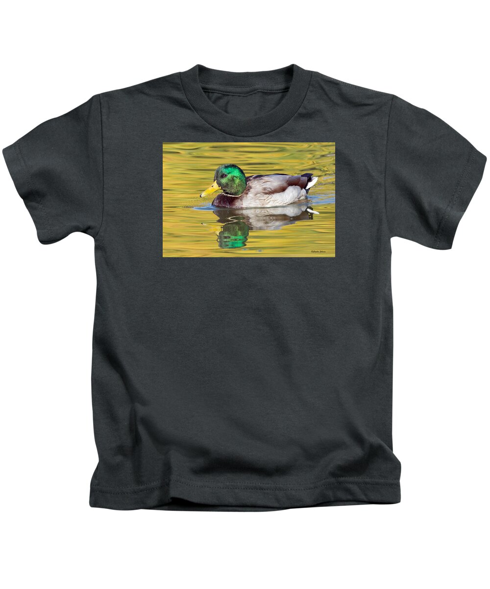 Duck Kids T-Shirt featuring the photograph Mallard Drake on Golden Pond by Stephen Johnson