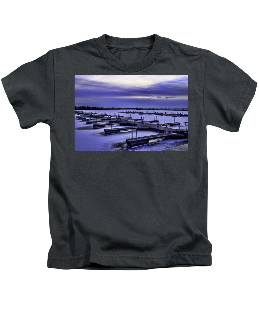 Sea Kids T-Shirt featuring the photograph Frozen Marina at Sunset by Roberta Kayne