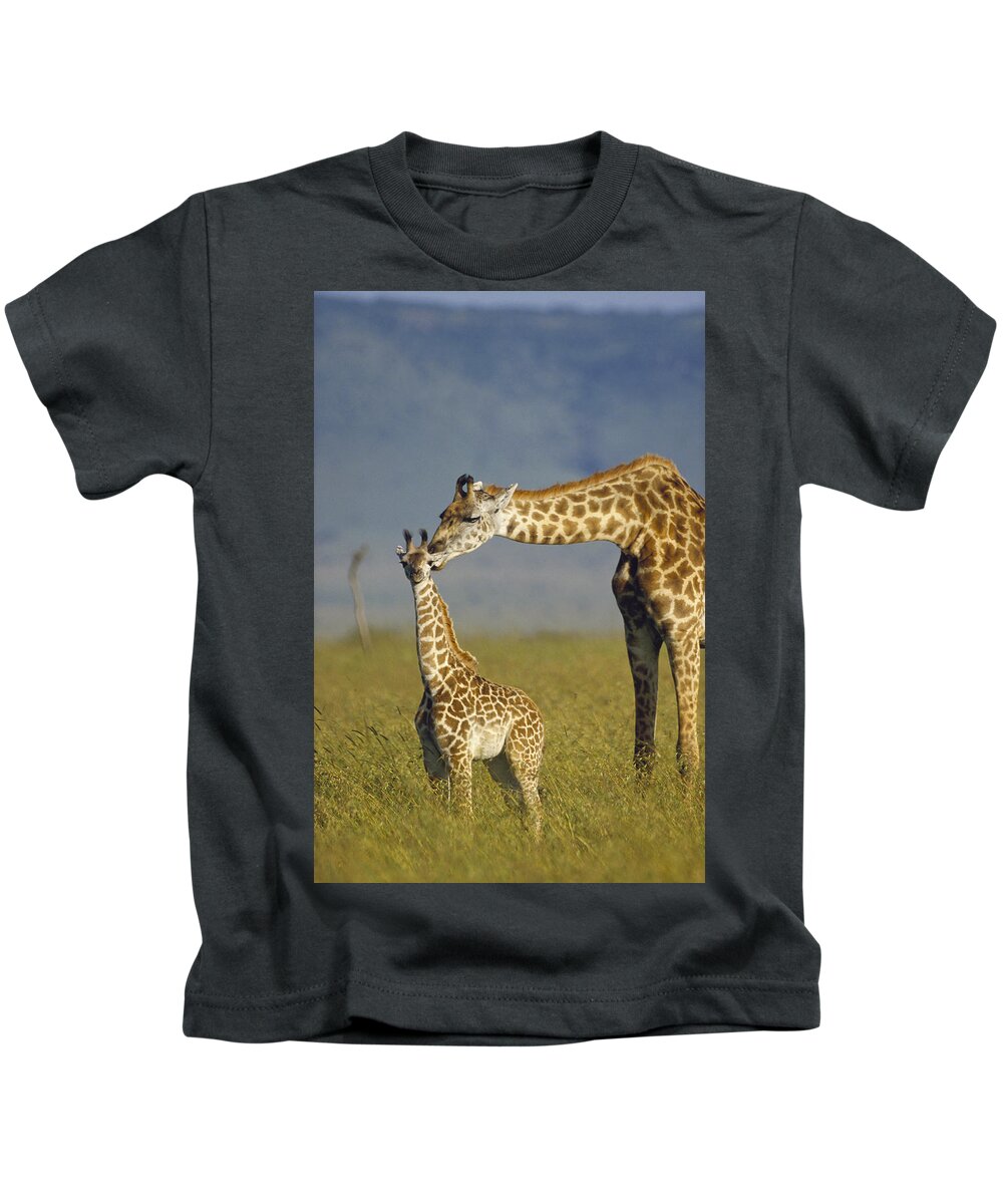Mp Kids T-Shirt featuring the photograph Masai Giraffe Mother And Young Kenya by Tim Fitzharris