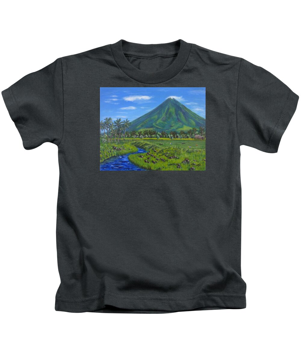 Mayon Volcano Kids T-Shirt featuring the painting Mayon Volcano by Amelie Simmons