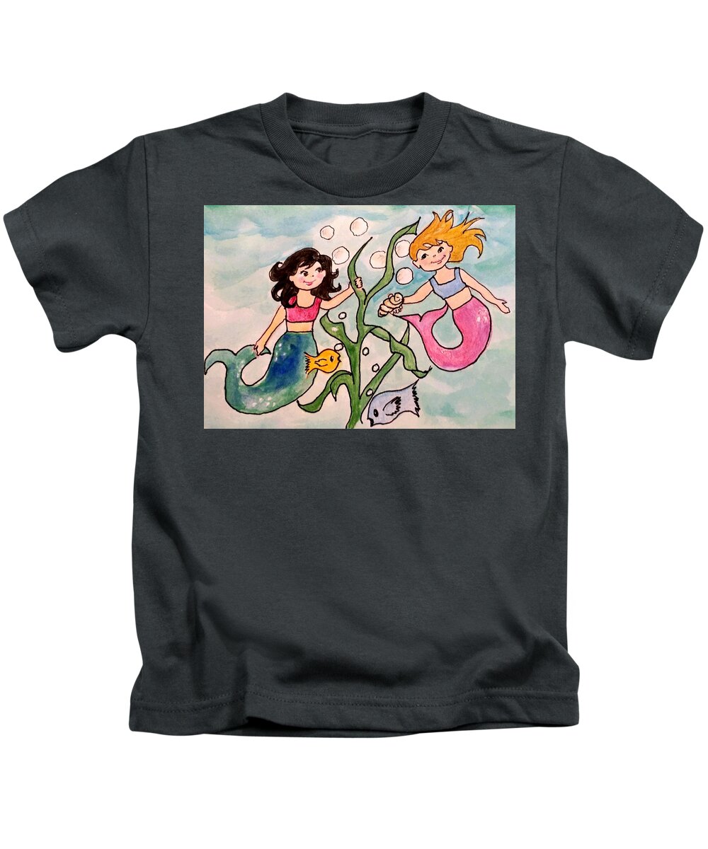 Mermaids Kids T-Shirt featuring the painting Mermaids and Friends by Cheryl Wallace